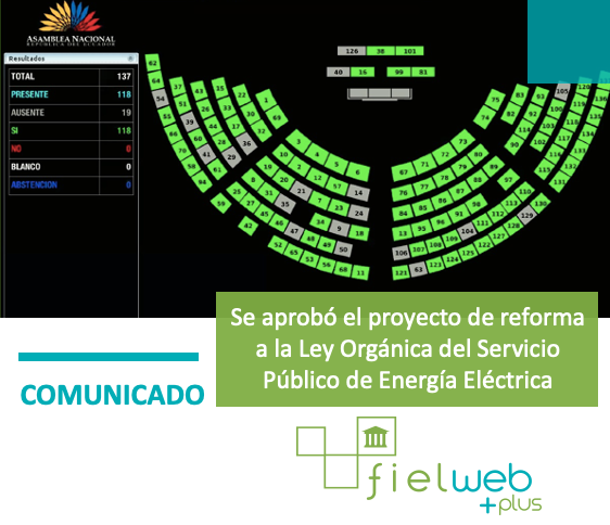 Se aprobó el proyecto de Ley Orgánica Reformatoria a la Ley Orgánica del Servicio Público de Energía Eléctrica