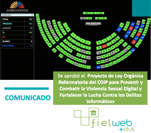 Se aprobó el  Proyecto de Ley Orgánica Reformatoria del COIP para Prevenir y Combatir la Violencia Sexual Digital y Fortalecer la Lucha contra los Delitos Informáticos