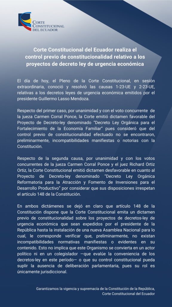 Se emiten dictámenes de los Decretos-Ley emitidos por el Presidente Lasso